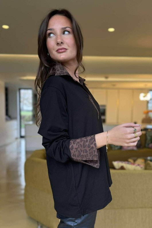 Essential Body Stretch Cotton Collar & Cuff Shirt Black Leopard